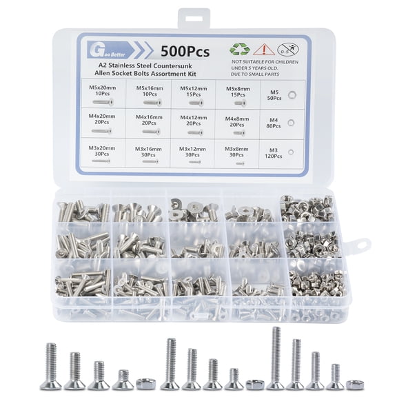 GARGENTOL 500PCS M3 M4 M5 Flat Head Machine Screws and Hex Nuts Kit,304 Stainless Steel Countersunk Head Phillips Screws Bolts Assortment Kit