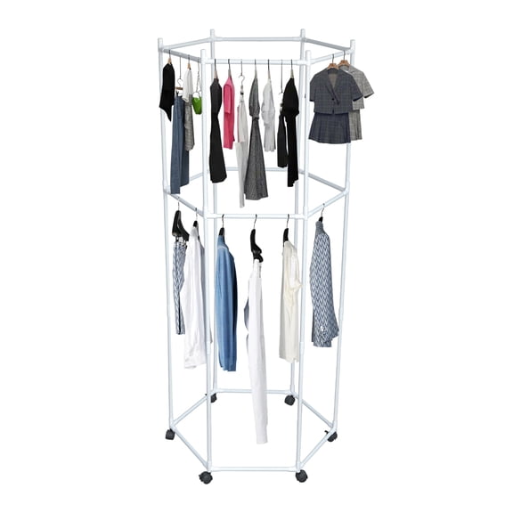 GARGENTOL Clothing Garment Rack,2 Tiers Hexagonal Clothes Rack with 6 Universal Wheels,Floor-Standing Metal Clothes Organizer for Easy Storage(White)