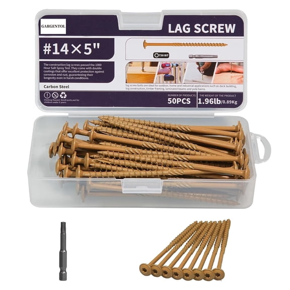 GARGENTOL Lag Screws 5 Inch, 50PCS Heavy Duty Construction Screw, Structural Wood Screw #14 x 5, Rust Resistant, Washer Head, Yellow Coated Exterior Wood/Lag Screws, Star Drive with Bit