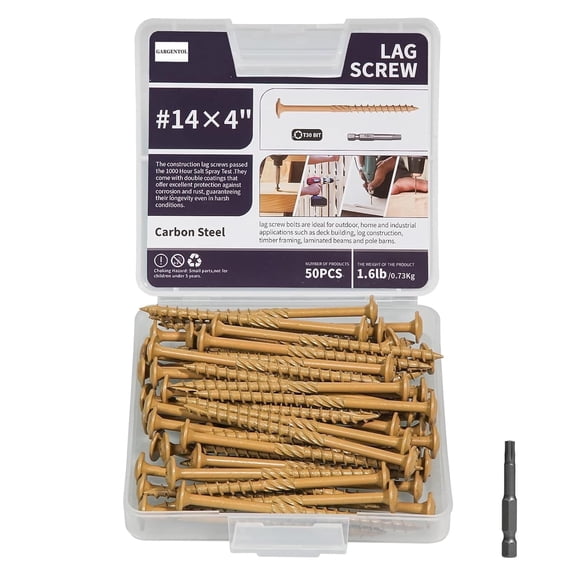 GARGENTOL Lag Screws 50 Pcs #14 x 4" Heavy Duty Construction Structural Wood Screw Rust Resistant Washer Head Yellow Coated Exterior Wood Screws Star Drive Bit