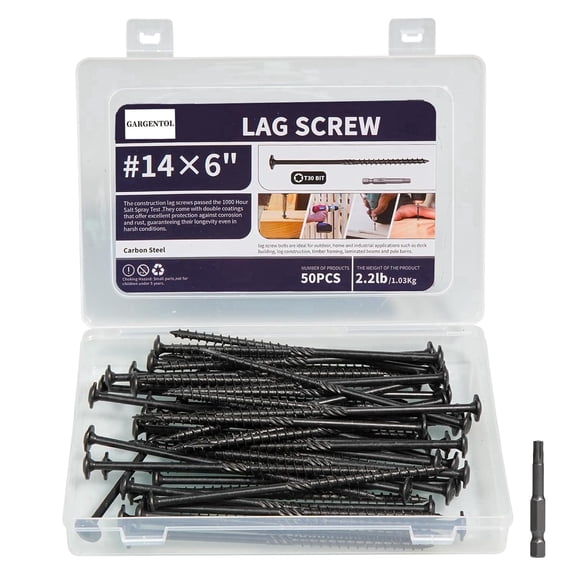 GARGENTOL Lag Screws 6 Inch, 50PCS Heavy Duty Construction Screw, Structural Wood Screw #14 x 6, Rust Resistant, Washer Head, Black Coated Exterior Wood/Lag Screws Hex Socket Included