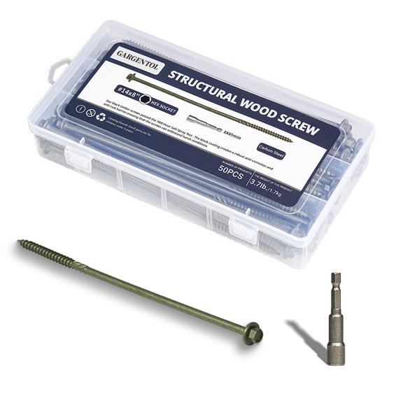 GARGENTOL Structural Wood Screws 8 Inch,50-PCS #14 x 8 Heavy Duty Timber Screws, Rust Resistant, Washer Head, Green Coated Exterior Wood/Lag/Timber Screws Hex Socket Included
