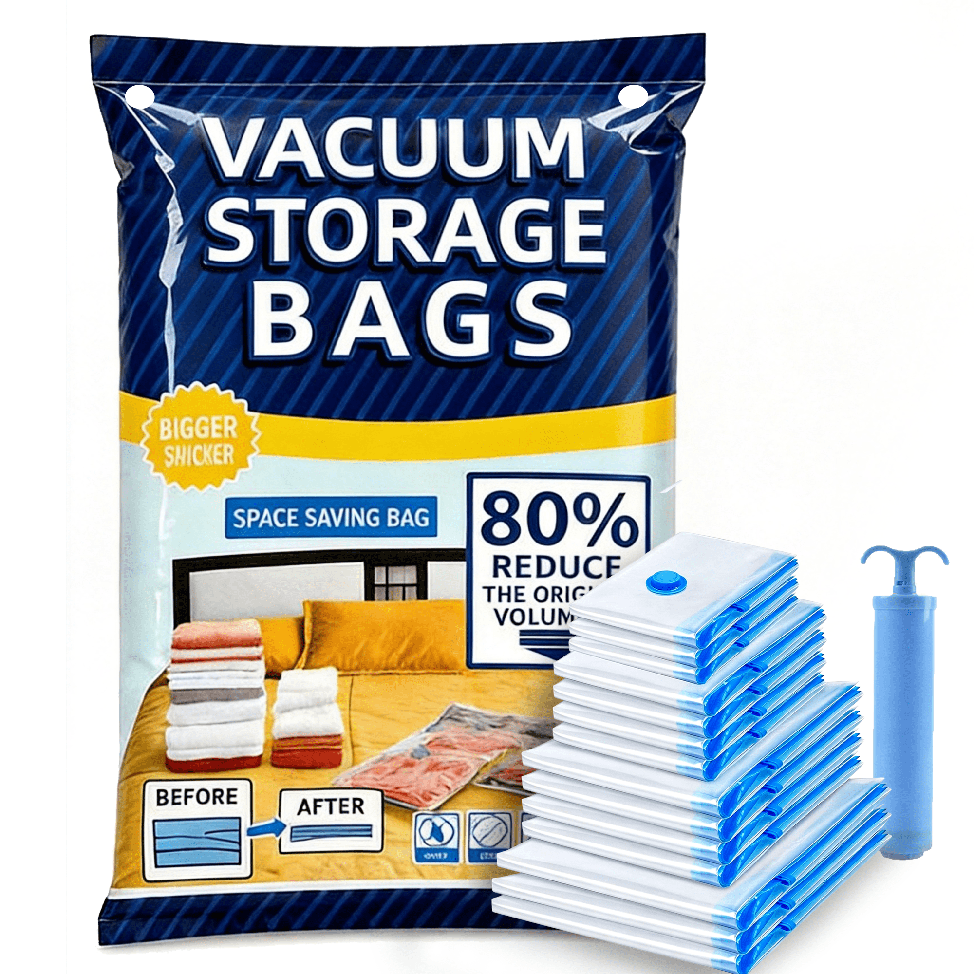 GARITIN Vacuum Storage Bags, 12 Pack Space Saver Bags for Clothes with Hand Pump, 4 Sizes Small Medium Large Jumbo for Clothing, Bedding, Pillows