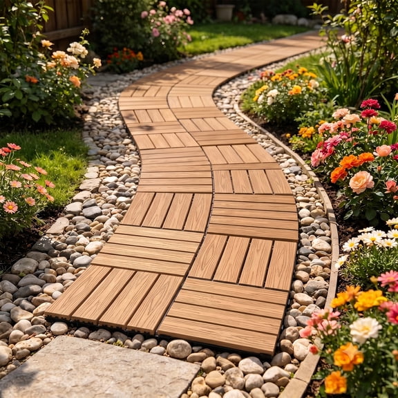 GARITIN 11.8"x11.8" 25 Pieces WPC Interlocking Deck Tiles, 4 Panel Wood Plastic Composite Patio Floor Tiles, Waterproof Drainage Outdoor Flooring for Balcony Backyard Poolside, Natural Wood