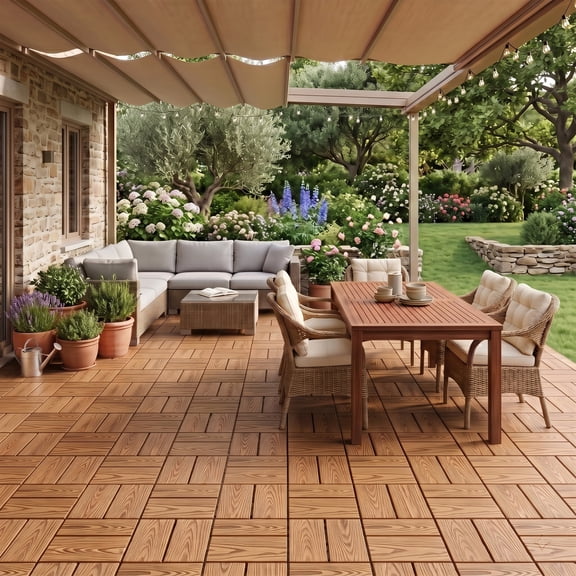GARITIN 11.8"x11.8" 25 Pieces WPC Interlocking Deck Tiles, 8 Panel Wood Plastic Composite Patio Floor Tiles, Waterproof Drainage Outdoor Flooring for Balcony Backyard Poolside, Natural Wood