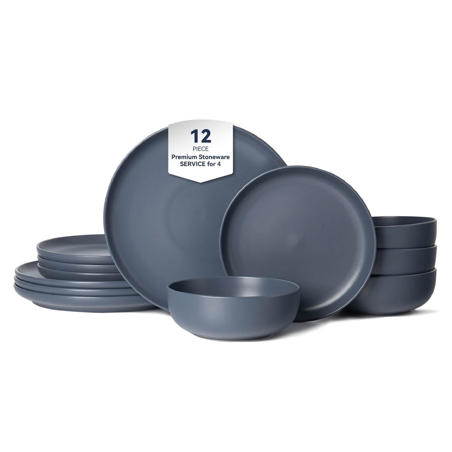GARITIN 12-Piece Stoneware Dinner Plates Salad Plates Cereal Bowls Set, Microwave Dishwasher Safe Chip Resistant Stackable Matte Glaze Kitchenware Service for 4 Family Dining, Blue