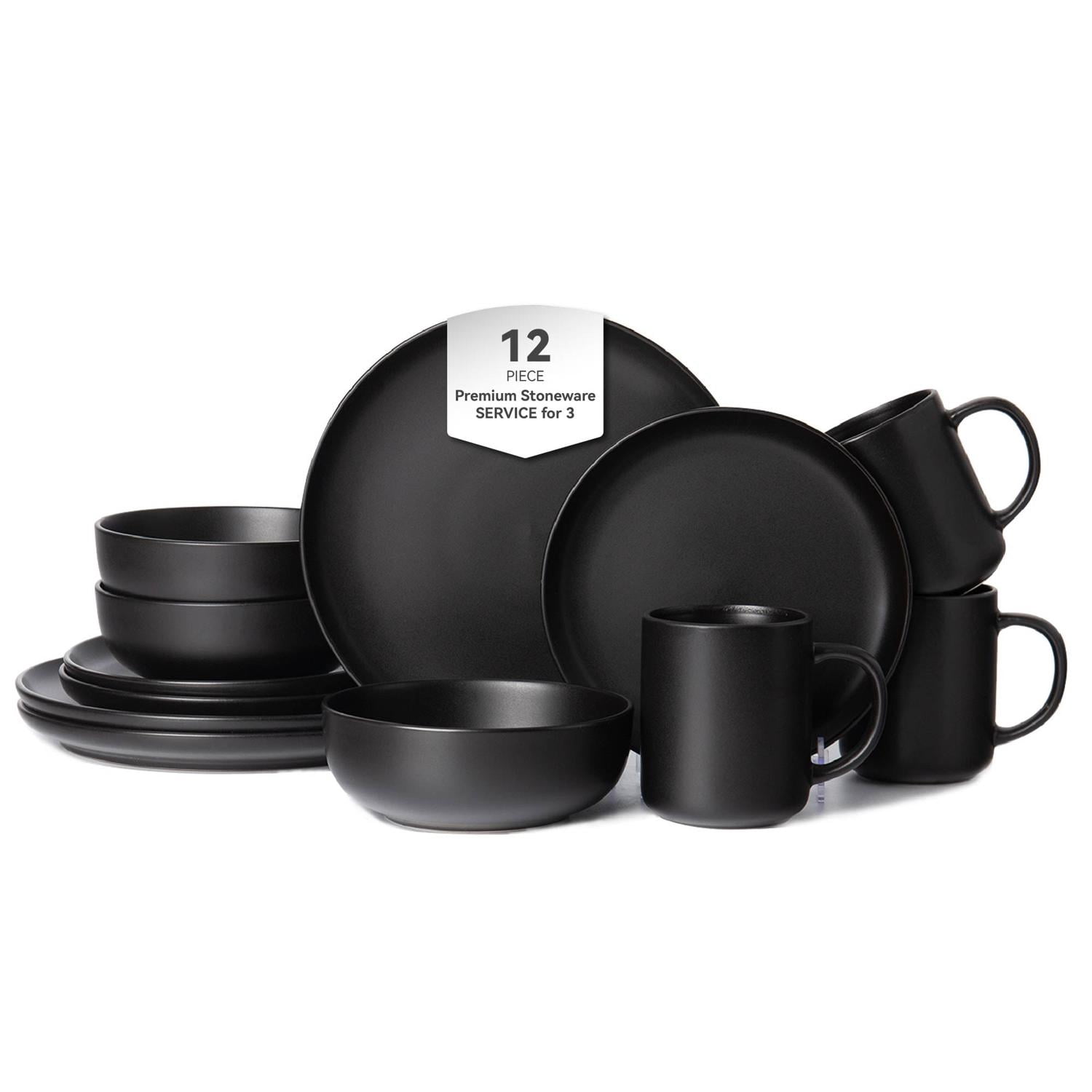 GARITIN 12-Piece Stoneware Dinnerware Set with Mugs, Microwave Dishwasher Safe Chip Resistant Dinner Plates Salad Plates Cereal Bowls, Stackable Matte Glaze Kitchenware Service for 3, Black