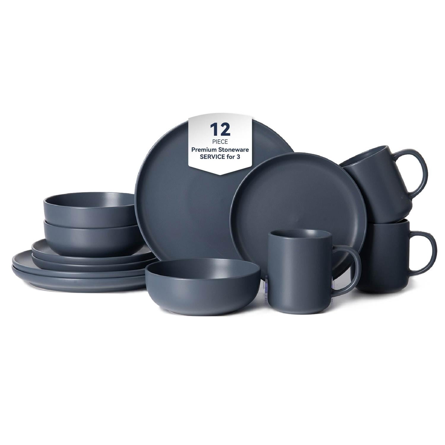 GARITIN 12-Piece Stoneware Dinnerware Set with Mugs, Microwave Dishwasher Safe Chip Resistant Dinner Plates Salad Plates Cereal Bowls, Stackable Matte Glaze Kitchenware Service for 3, Blue