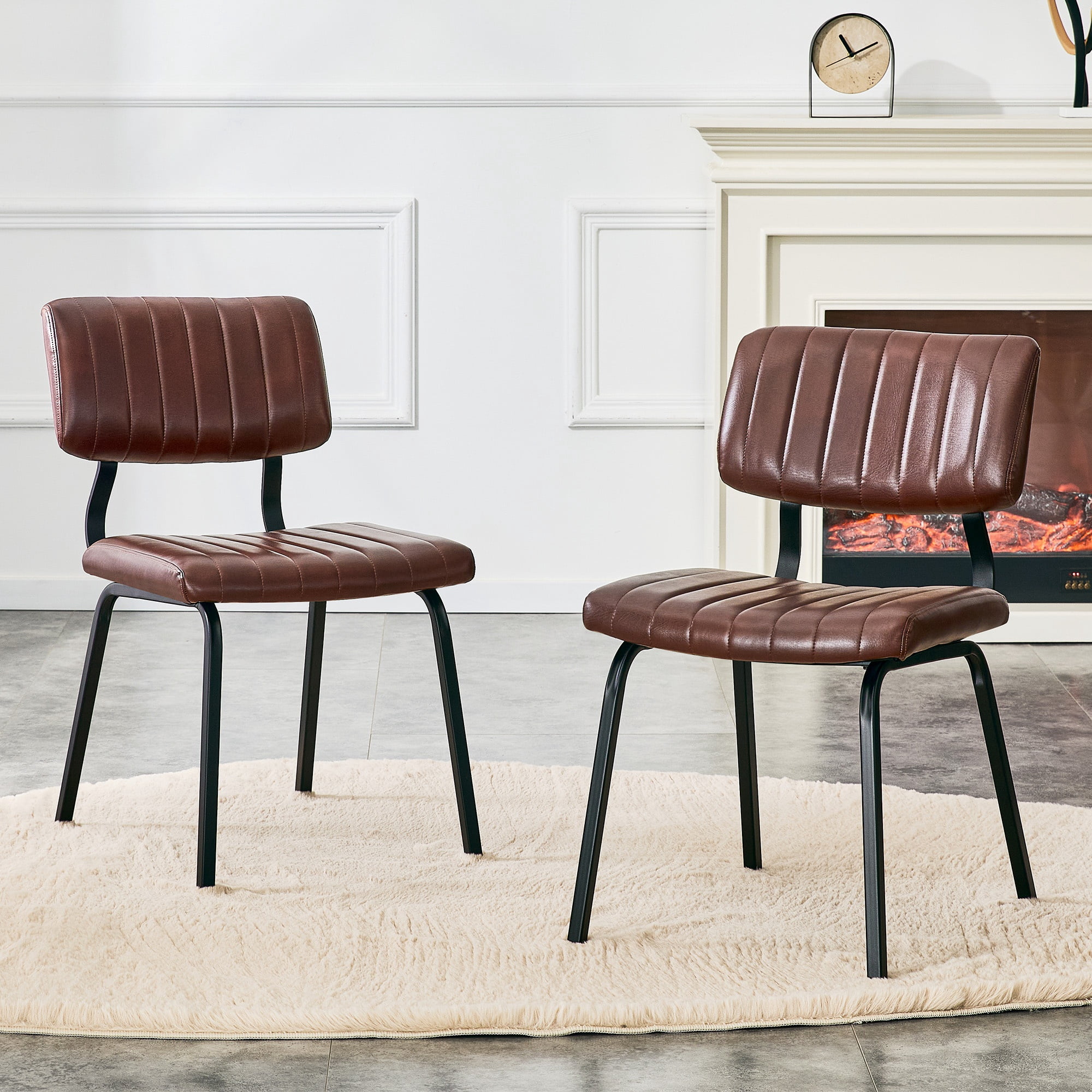 GARITIN 2 Pack Vintage Brown PU Leather Dining Chairs, Mid-Century Stripe Upholstered Side Chairs, Modern Industrial Accent Chairs with Black Metal Frame for Kitchen Dining Room