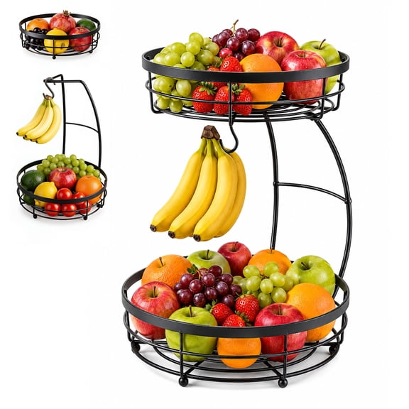 GARITIN 2Tier Fruit Basket with Banana Hanger, Metal Fruit Bowl for Kitchen Counter, Detachable Vegetable Fruit Storage Holder Stand, Countertop Organizer for Fruits, Veggies, Snacks, Black
