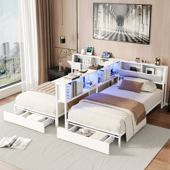 GARITIN 2 x Twin Size Bed Frame with Storage Bookcase Divider & LED Lights, Double Twin Bed with 2 Drawers & Headboard Storage, Metal Platform Bed, White