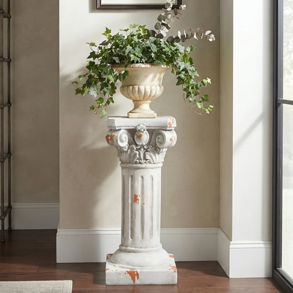 GARITIN 22.44 Inch Ionic Pedestal Plant Stand, MGO Decorative Pedestal Side Table for Indoor Outdoor Entryway Garden Home, Antique White, No Assembly Needed