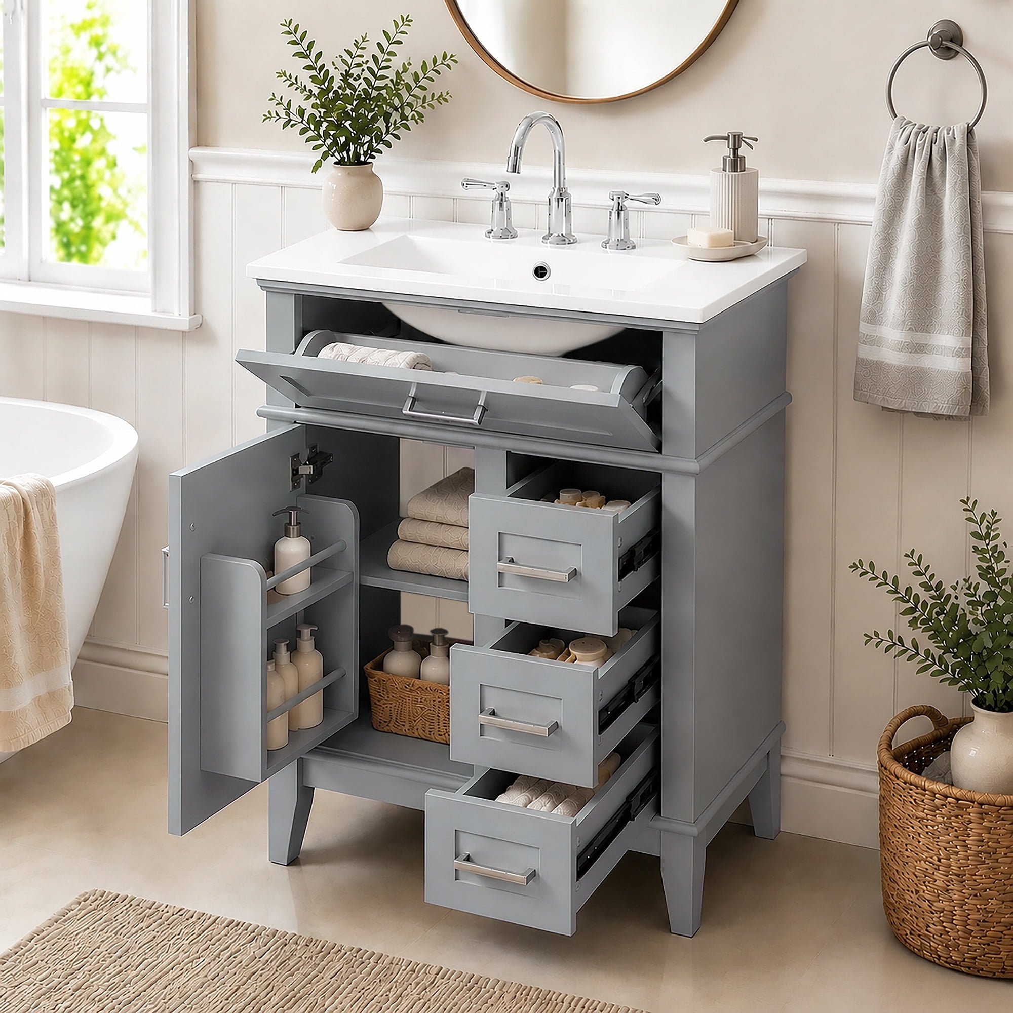 GARITIN 24 Inch Bathroom Vanity with Ceramic Sink, Solid Wood Frame & MDF Cabinet, 1 Door, Flip Drawer & 3 Drawers, Soft Close Hinges, Adjustable Shelf, Gray