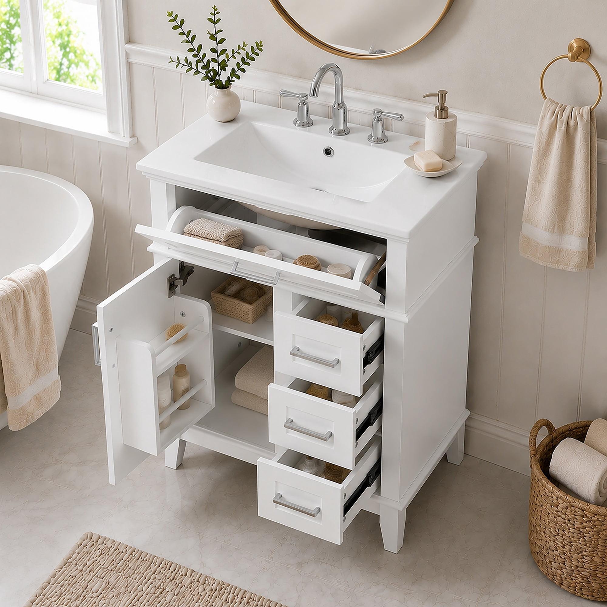 GARITIN 24 Inch Bathroom Vanity with Ceramic Sink, Solid Wood Frame & MDF Cabinet, 1 Door, Flip Drawer & 3 Drawers, Soft Close Hinges, Adjustable Shelf, White