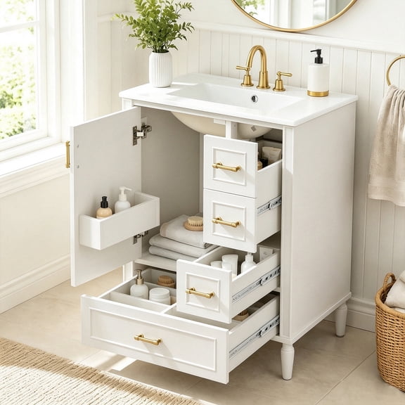 GARITIN 24 Inch Modern Bathroom Vanity with Ceramic Sink, Soft-Close Door, 3 Drawers, Gold Handles, Door-Mounted Rack for Space-Saving Storage, White