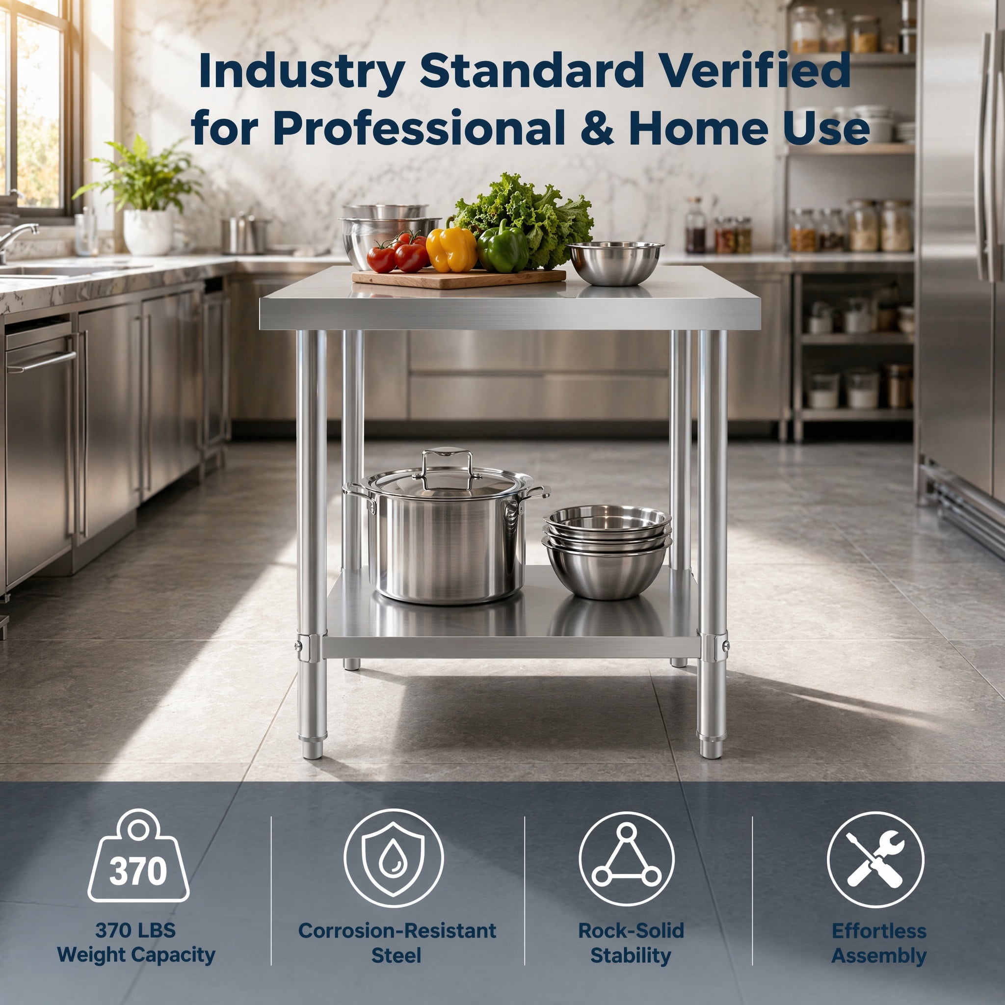 GARITIN 24 x 24 Inch Commercial Work Table, Stainless Steel Kitchen Prep Table with Under Shelf for Restaurant & Home, Silver