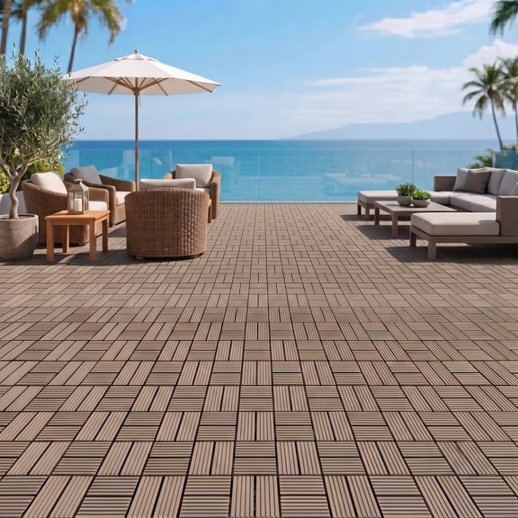 GARITIN 25 Pack 8 Panel 11.8x11.8 Inch Interlocking WPC Deck Tiles, Wood Plastic Composite Patio Floor Tiles, Waterproof Drainage Outdoor Flooring for Balcony Backyard Poolside, Dark Grey