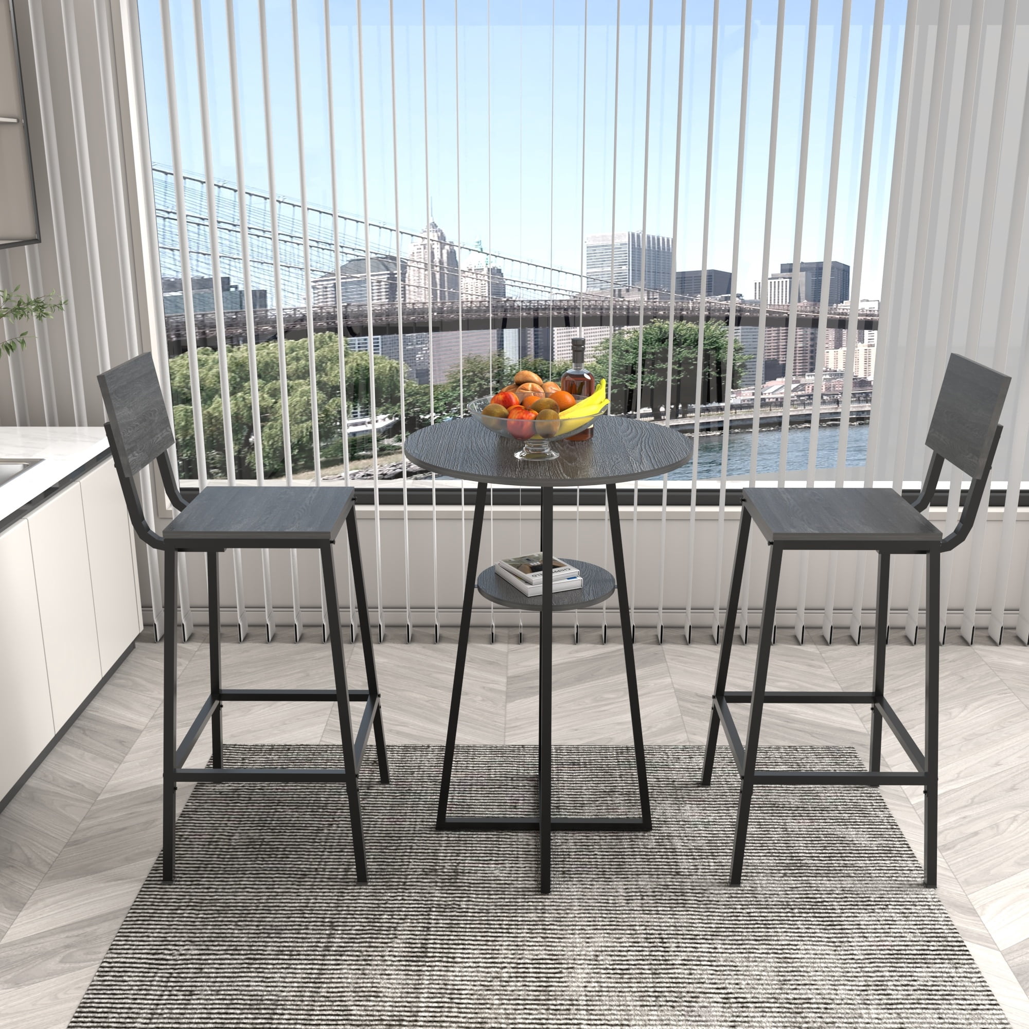 GARITIN 3 Piece Bar Table Set with 2 Bar Stools, Round Pub Height Bistro Table with Storage Shelf for Kitchen Apartment Balcony, Charcoal Grey