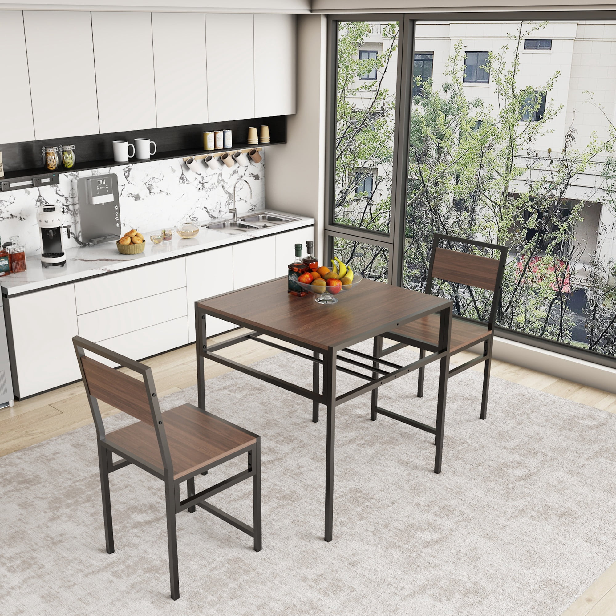 GARITIN 3 Piece Dining Table Set with 2 Chairs, Small Square Kitchen Table with Storage Rack for Small Space Apartment, Walnut
