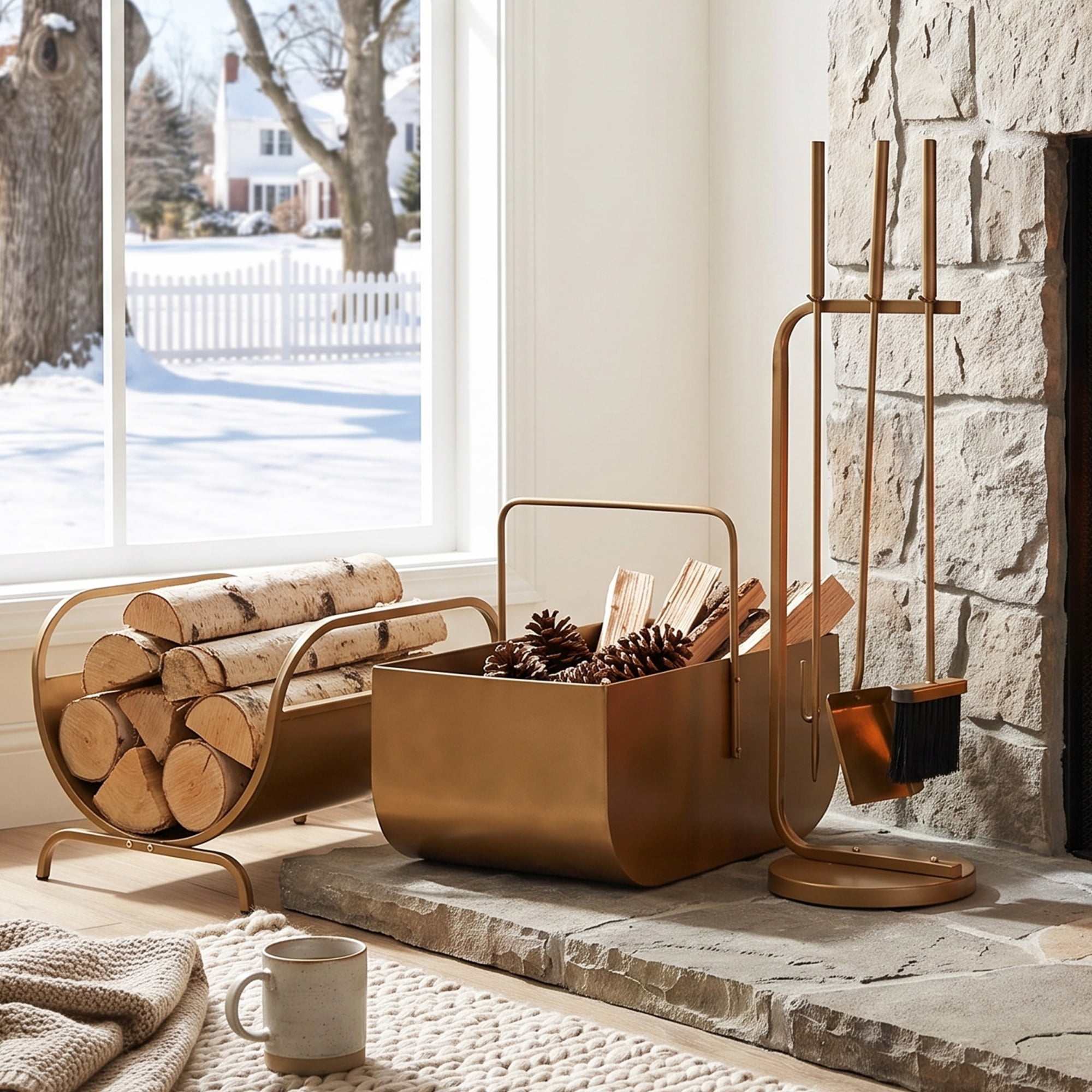 GARITIN 3-Piece Fireplace Accessory Set with Log Rack, Firewood Storage ...