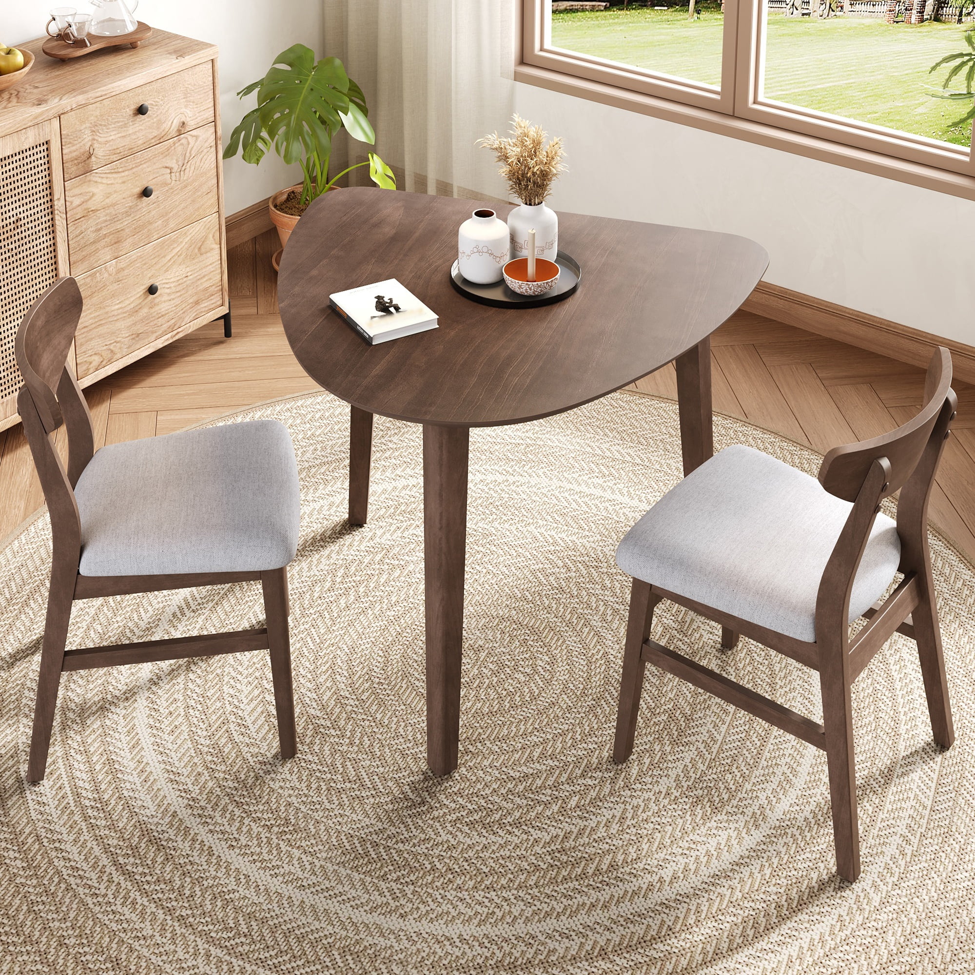 GARITIN 3-Piece Modern Table Set, Triangular Side Table & 2 Curved Wood Chairs, Minimalist Space-Saving Dining Set for Living Room Kitchen Small Space, Brown