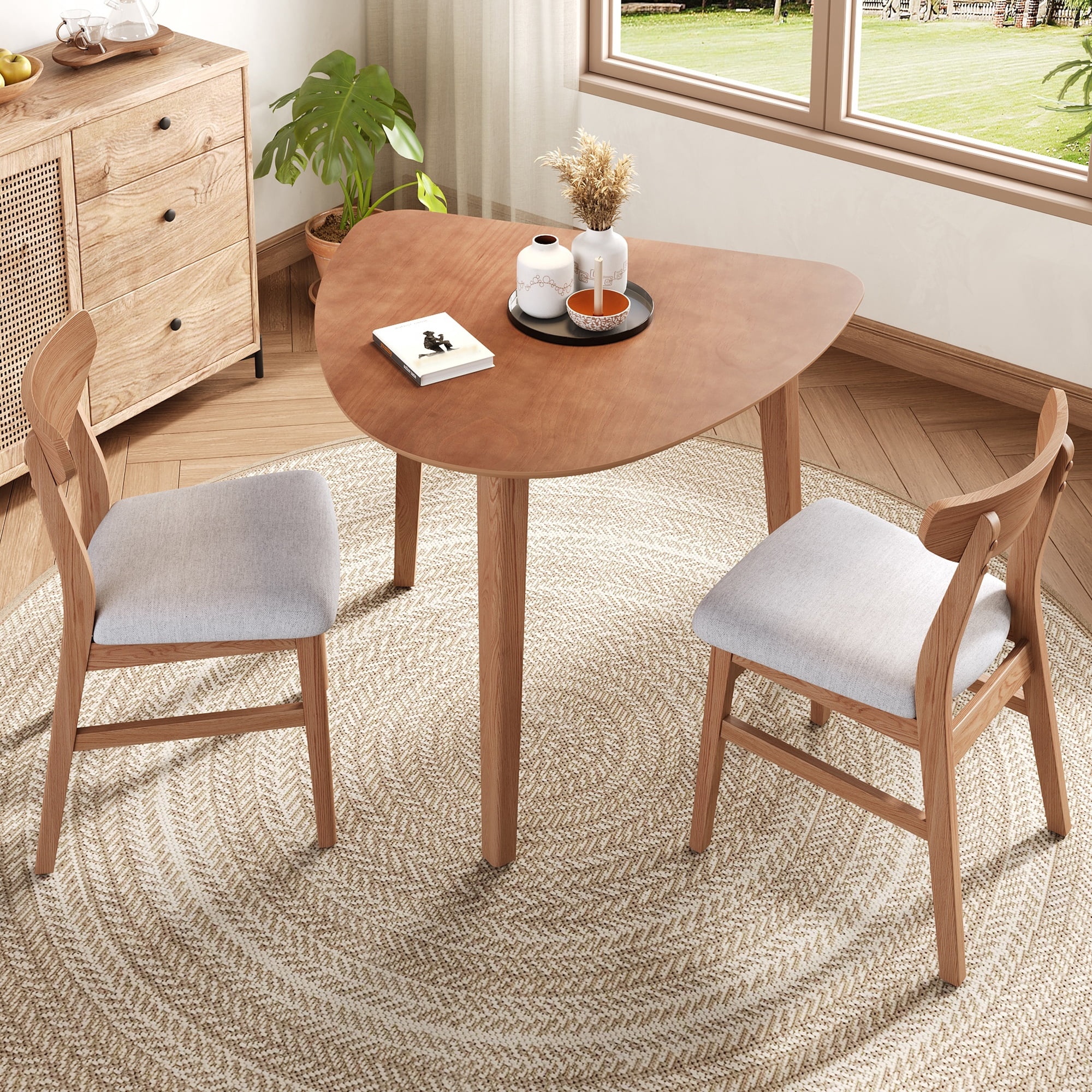 GARITIN 3-Piece Modern Table Set, Triangular Side Table & 2 Curved Wood Chairs, Minimalist Space-Saving Dining Set for Living Room Kitchen Small Space, Light Brown