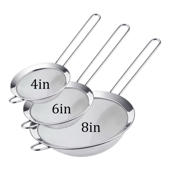 3-Piece 4", 6", and 8" Stainless Steel Fine Mesh Strainer Set, Ideal for Tea, Flour, Sugar, Spices & Rice, Durable Small Nesting Kitchen Strainers with Handle, Colanders