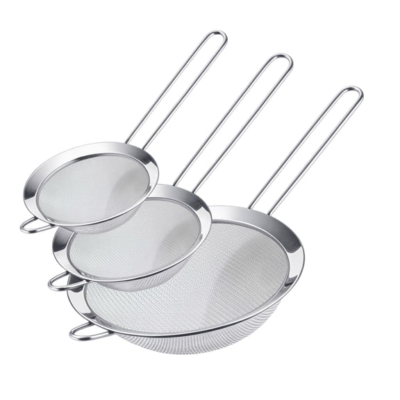 3-Piece 4", 6", and 8" Stainless Steel Fine Mesh Strainer Set, Ideal for Tea, Flour, Sugar, Spices & Rice, Durable Small Nesting Kitchen Strainers with Handle, Colanders