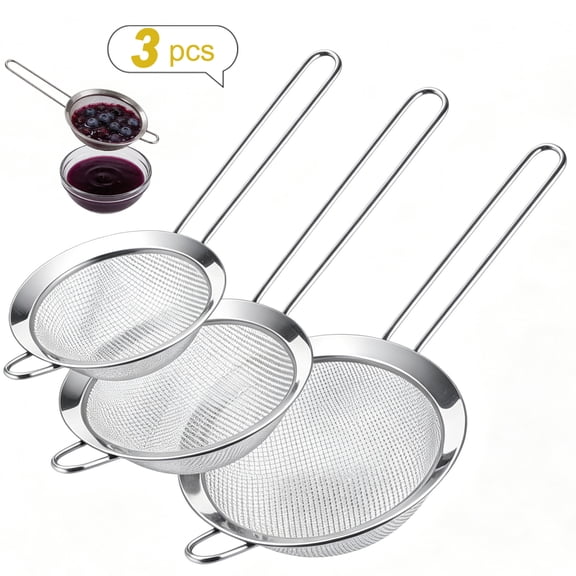 GARITIN 3-Piece Stainless Steel Fine Mesh Strainer Set, 4", 6", and 8", Kitchen Thin Mesh Strainer for Tea Flour Sugar Spices Rice, Small Nesting Strainer for Kitchen