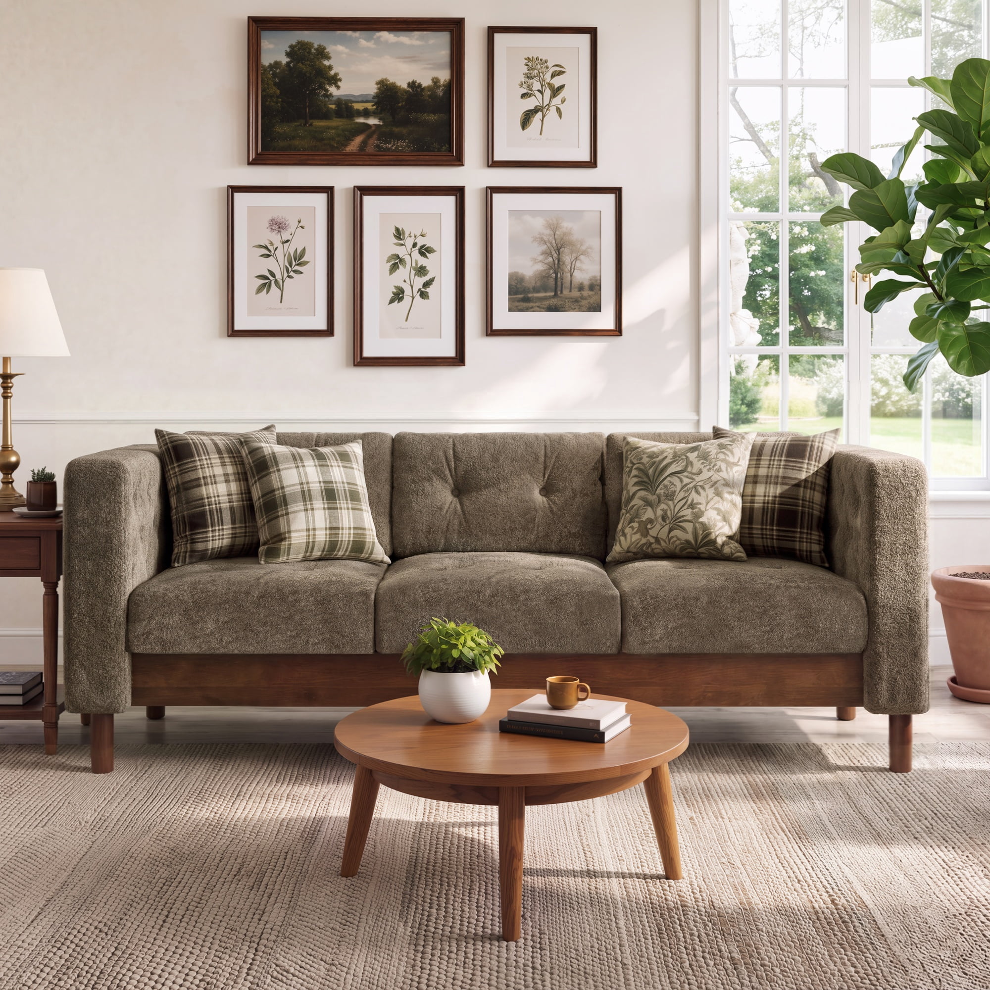 GARITIN 3 Seater Sofa 78 Inch, Chenille Upholstered Couch with Square Arms and Tufted Pillow Back for Living Room Apartment, Brown