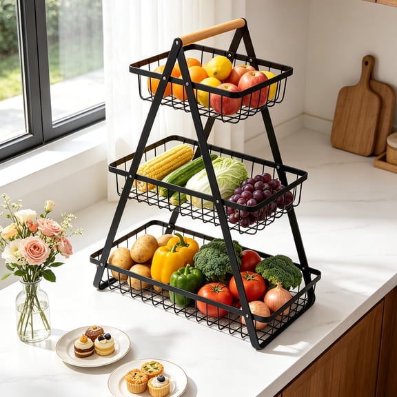 GARITIN 3-Tier Metal Fruit Basket Stand, Detachable A-Frame Wire Fruit Vegetable Storage Organizer with Wooden Handle for Kitchen Countertop