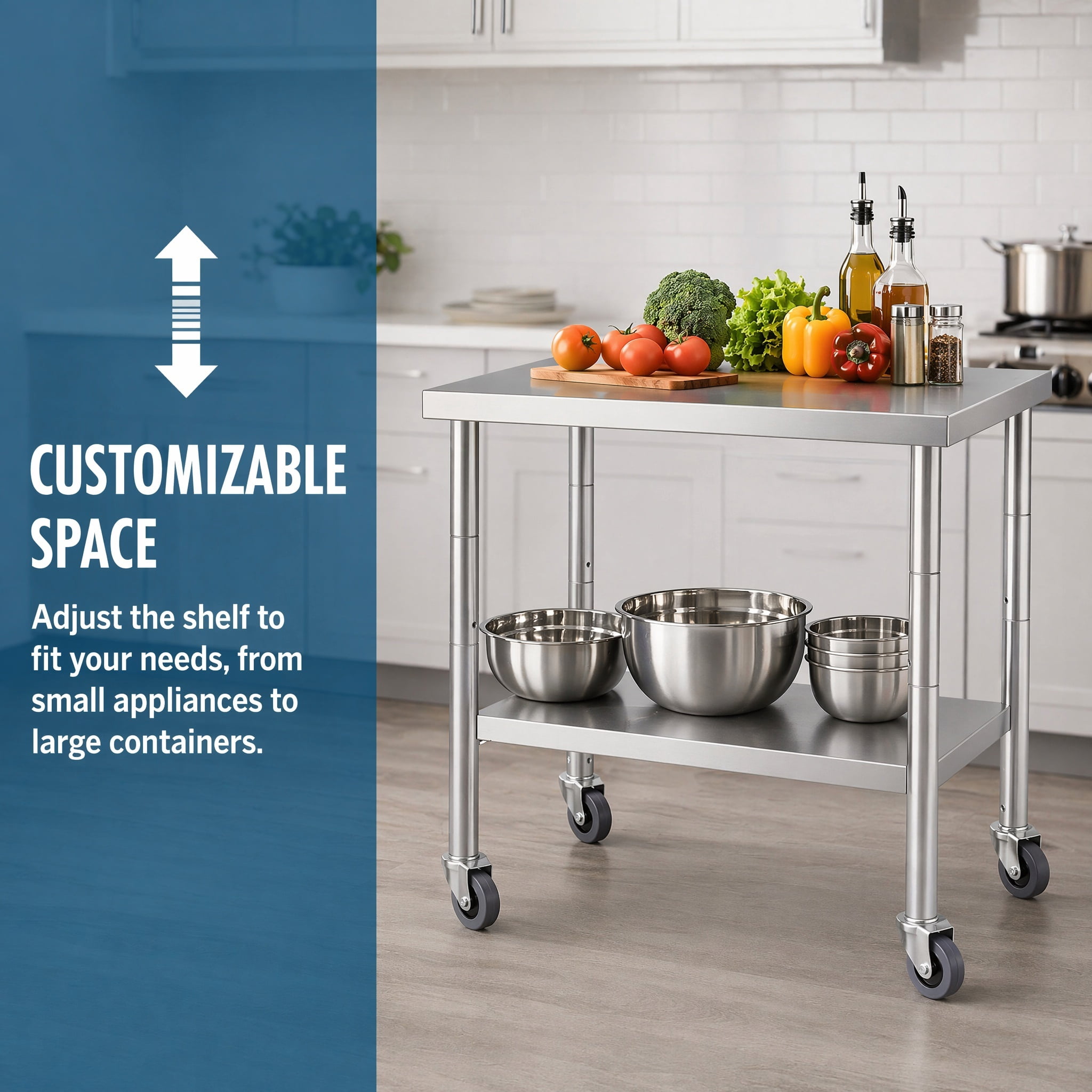 GARITIN 36 x 24 Inch Commercial Work Table with Wheels, Stainless Steel Kitchen Prep Table with Under Shelf for Restaurant & Home, Silver