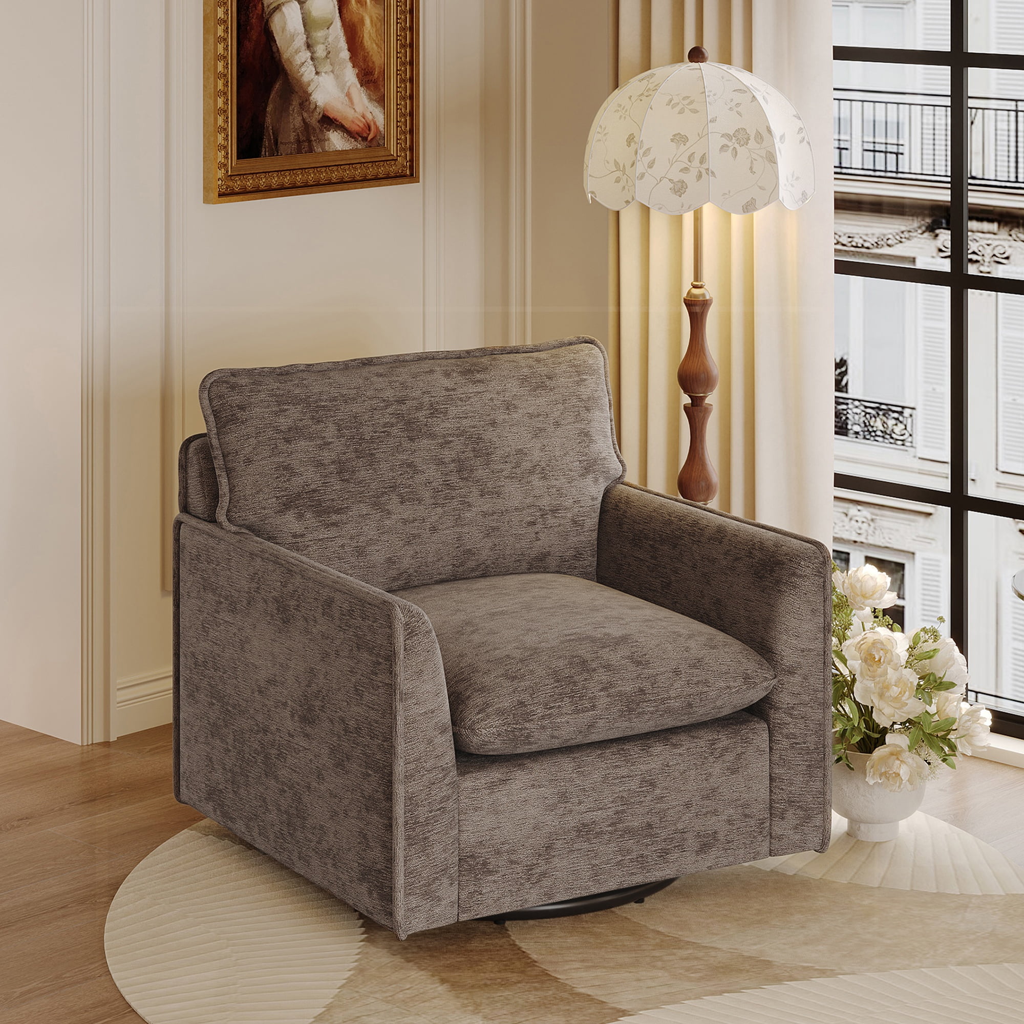 GARITIN 360° Swivel Accent Chair, Comfy Single Square Sofa Armchair, Upholstered Club Chair for Living Room Bedroom Reading Room, Chenille Fabric, Brown