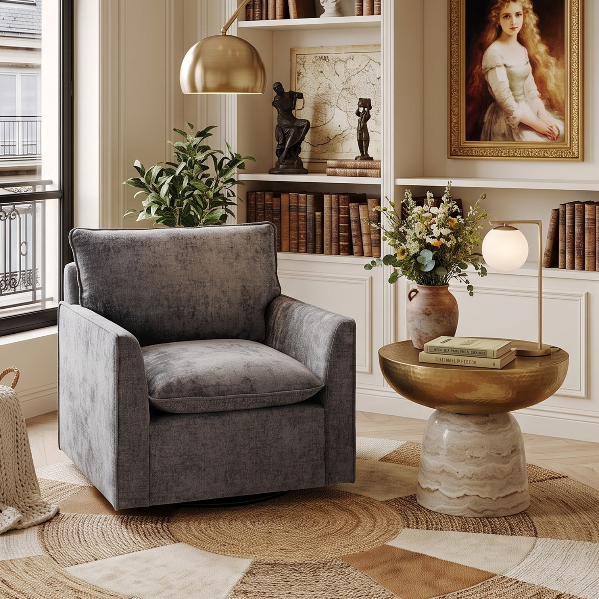 GARITIN 360° Swivel Accent Chair, Comfy Single Square Sofa Armchair, Upholstered Club Chair for Living Room Bedroom Reading Room, Chenille Fabric, Grey