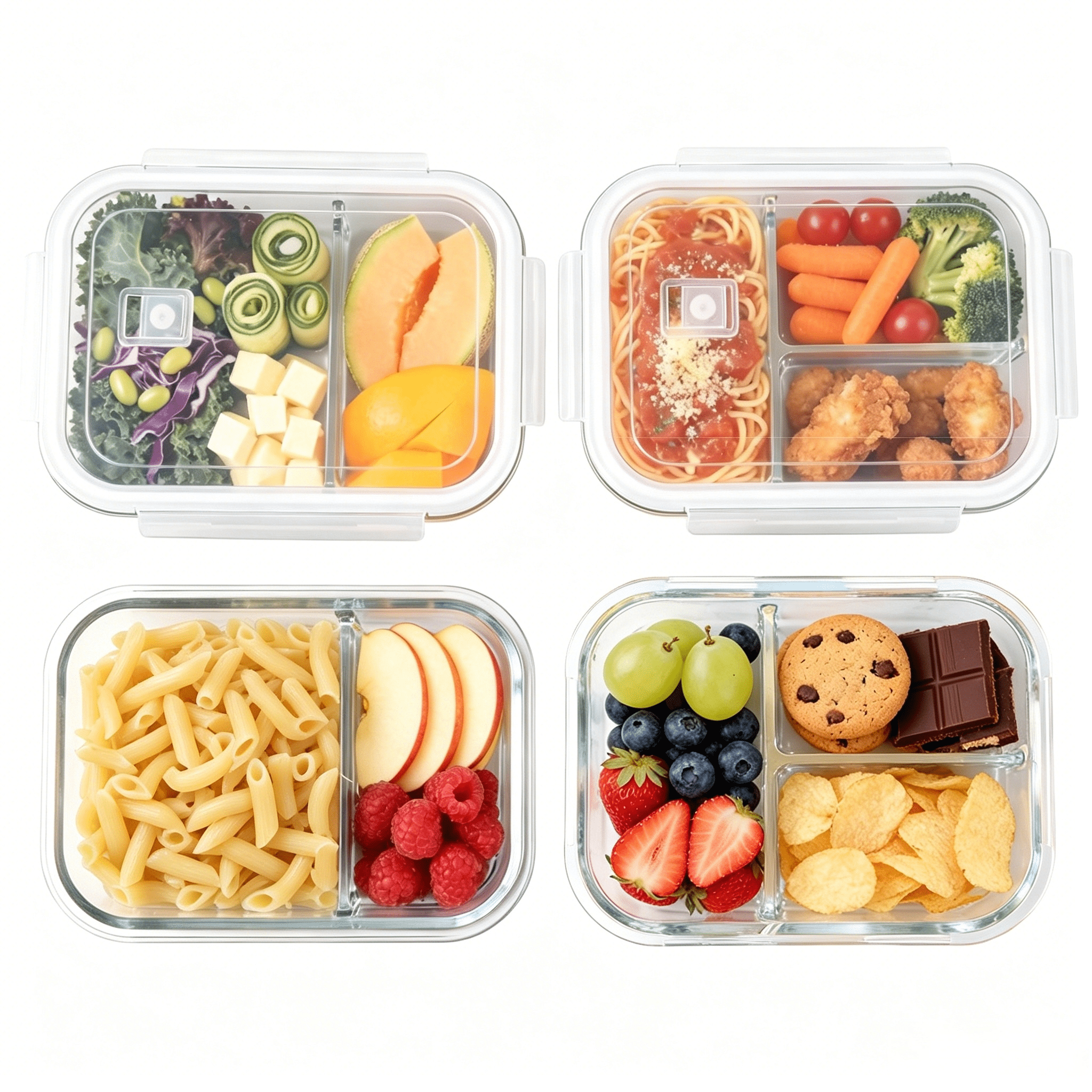 GARITIN 4 Pack Glass Food Storage Containers with Dividers, 8-Piece Meal Prep Containers with Lids, Leak-Proof Bento Lunch Boxes, Microwave, Oven, Dishwasher & Freezer Safe, Glass Tupperware