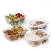 Glass Food Storage Containers with Dividers,4 Pack Meal Prep Containers with Lids, Leak-Proof Lunch Boxes with Compartments,Glass Tupperware Bento Box,Microwave, Oven, Dishwasher & Freezer Safe