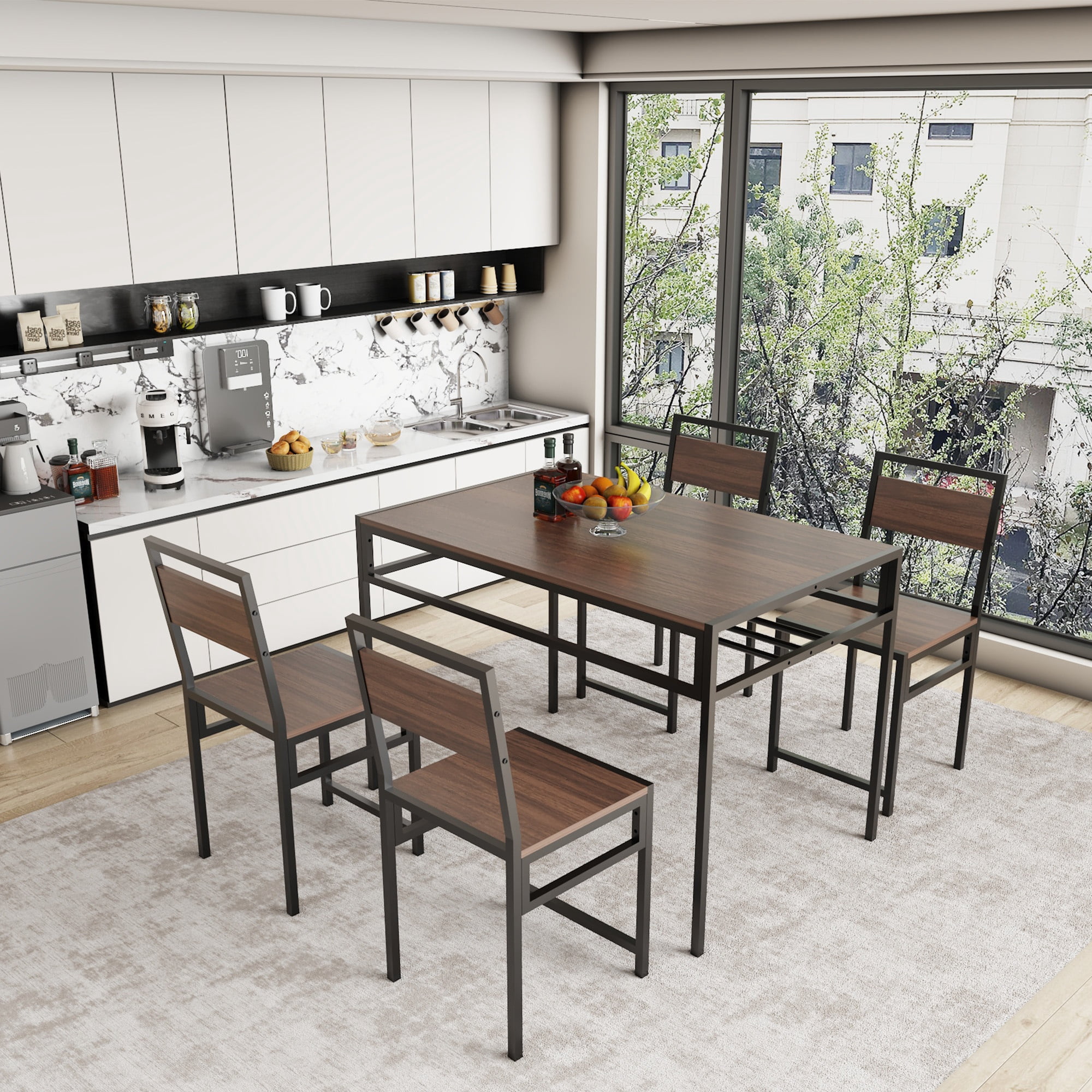 GARITIN 4 Piece Rectangular Dining Table Set with 4 Chairs, Kitchen Table with Built in Wine Storage Rack for Apartment Dining Room, Walnut