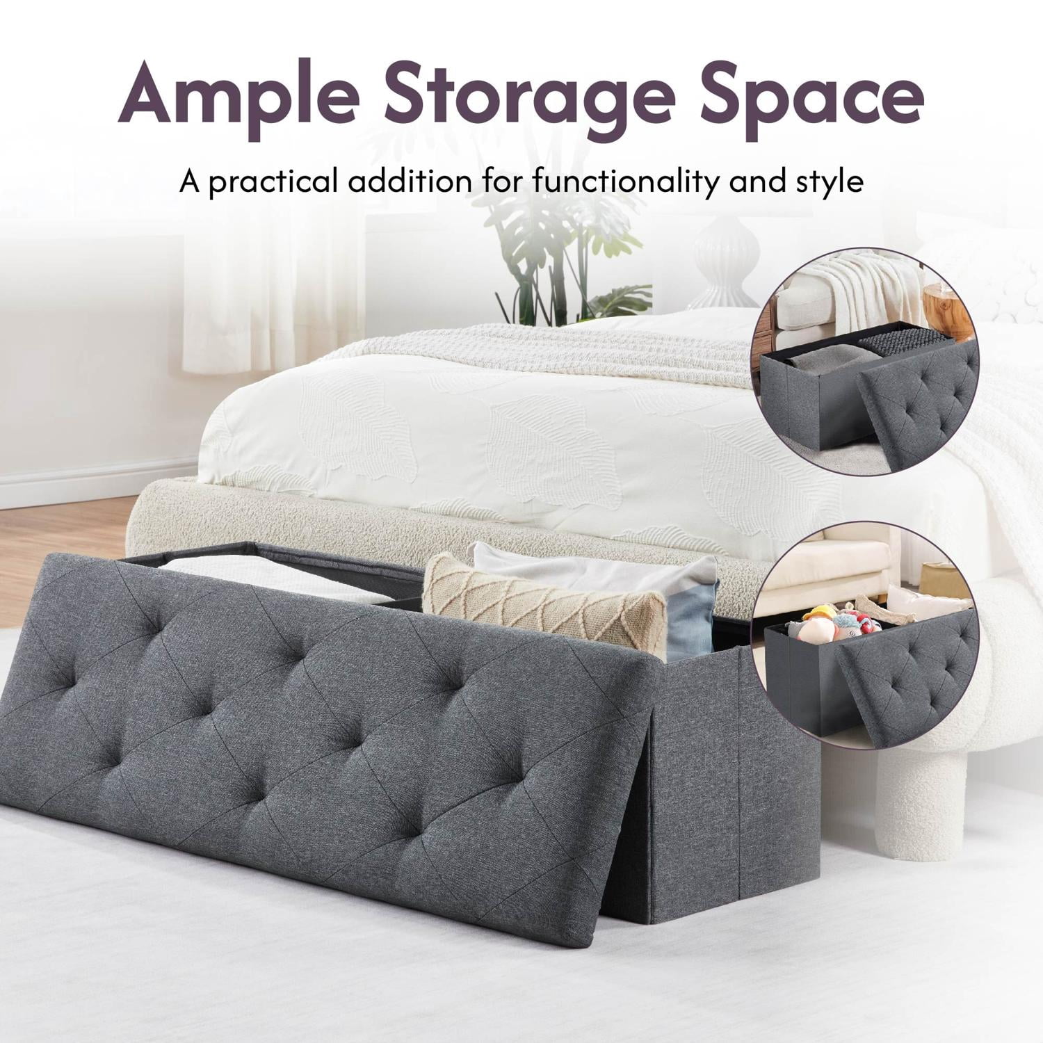 GARITIN 43-Inch Folding Storage Ottoman Bench with 157L Capacity, Linen Upholstered Foot Rest End of Bed Storage Chest, 250lb Support Space-Saving Foldable Seat for Living Room Bedroom Entryway, Gray