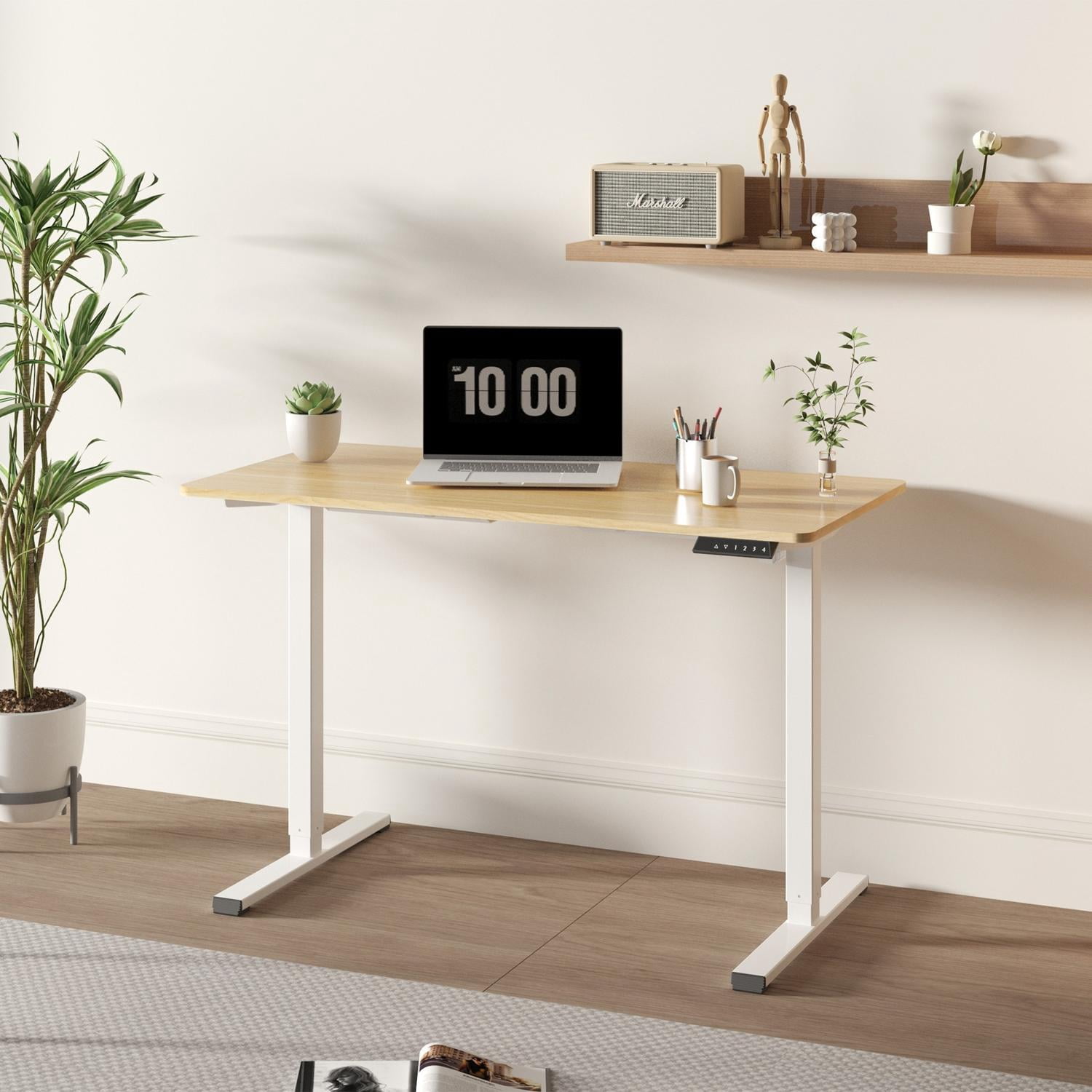 GARITIN 47-Inch Electric Standing Desk, Whole Piece Height Adjustable Sit Stand Desk with Motor Lift System, Home Office Computer Workstation for WFH, White Frame with Maple Top