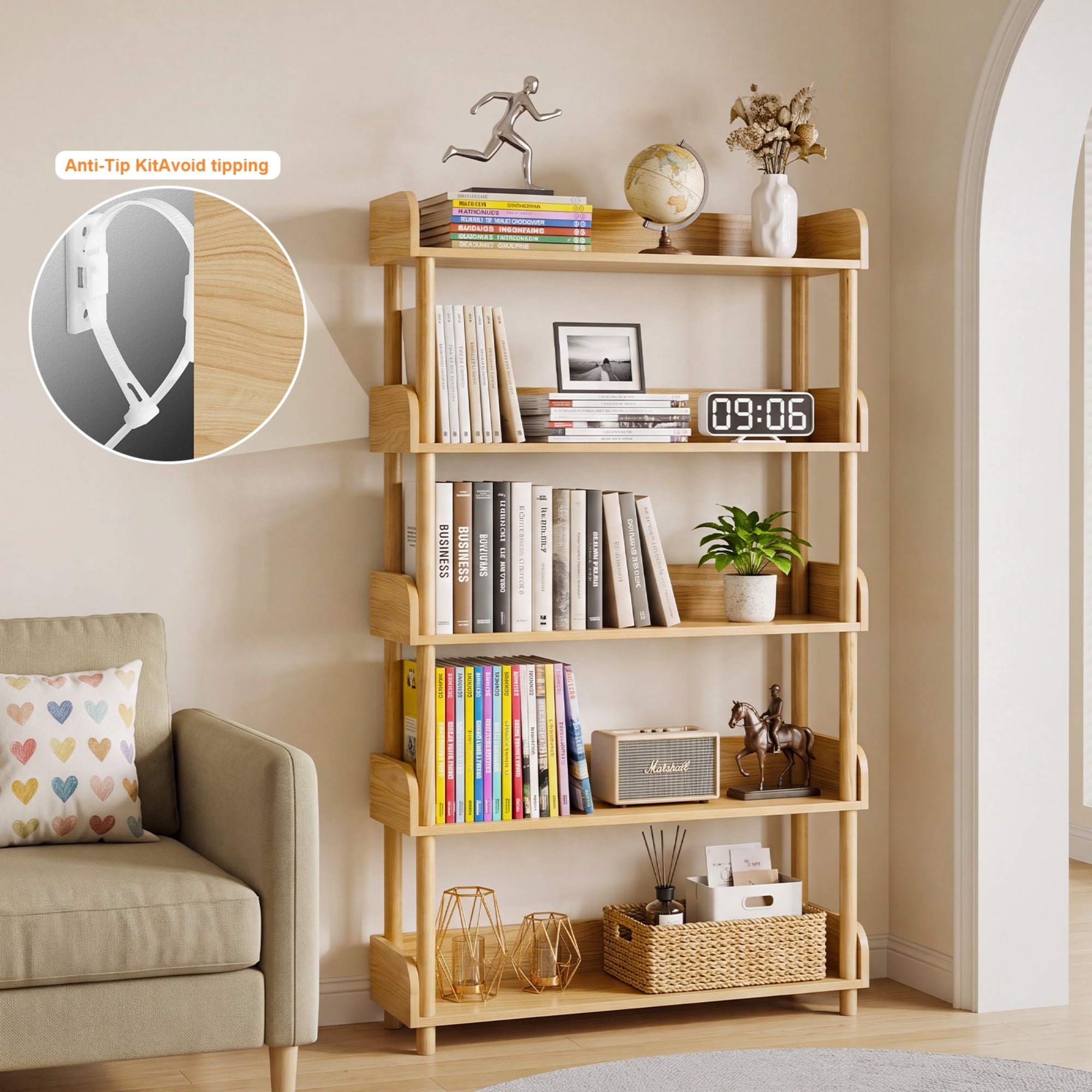 GARITIN 5 Tier Wood Bookshelf, Freestanding Display Shelf with Open Storage Shelves and Solid Wood Legs for Home Office Living Room, Wood