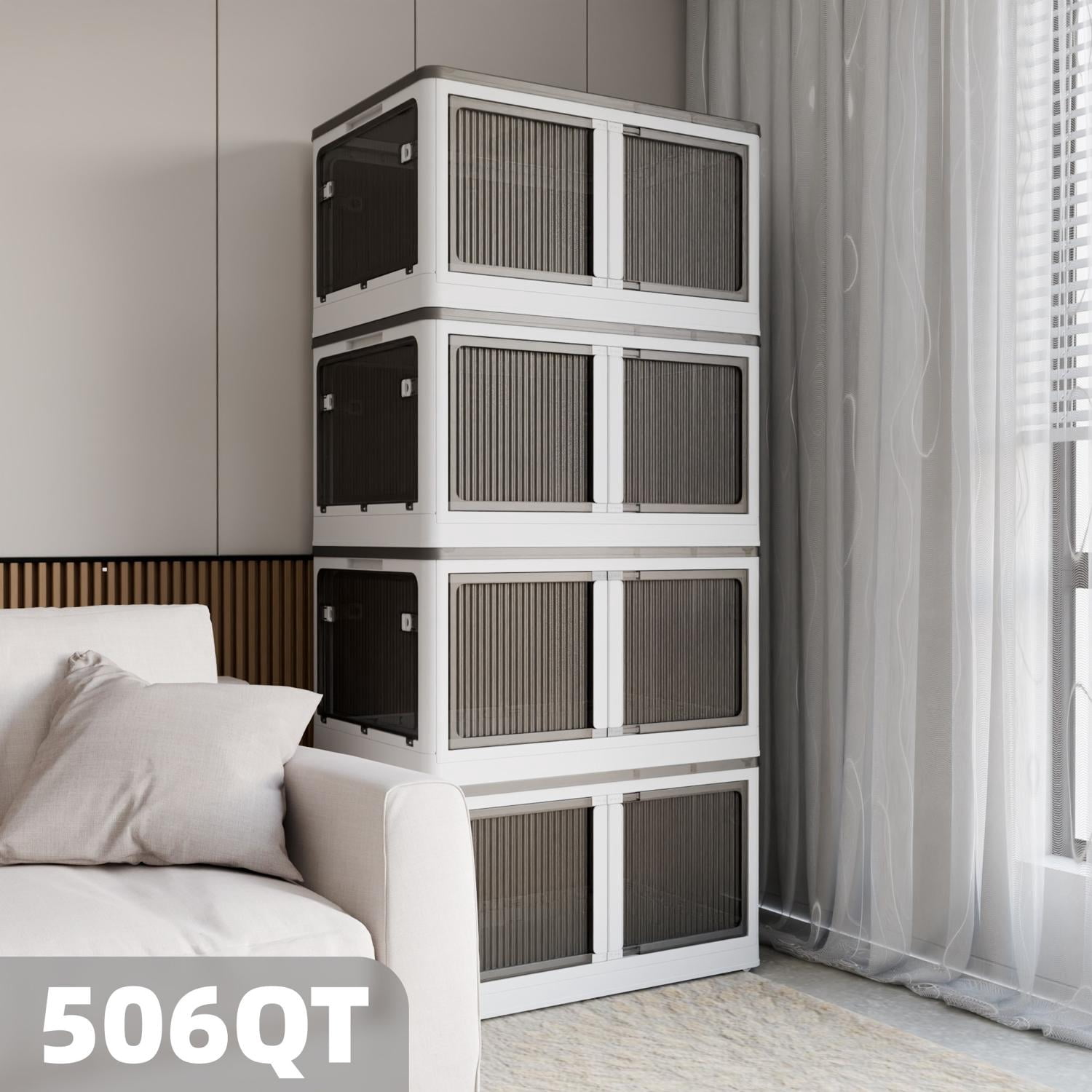 GARITIN 506QT 4-Pack Transparent Stackable Storage Bins with 5 Doors and Wheels, Collapsible Folding Plastic Closet Organizer Containers for Bedroom Living Room Laundry Toys, White