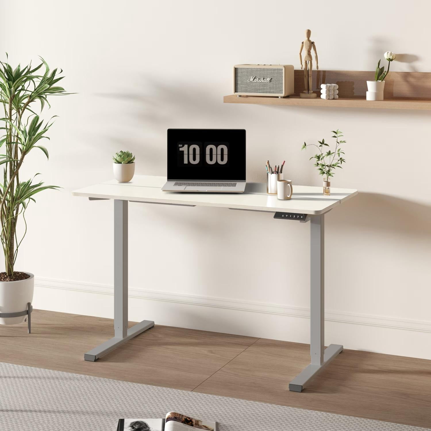 GARITIN 55-Inch Electric Standing Desk with Two-Piece Tabletop, Height Adjustable Sit Stand Desk with Motor Lift System, Home Office Computer Workstation, Grey Frame with White Top