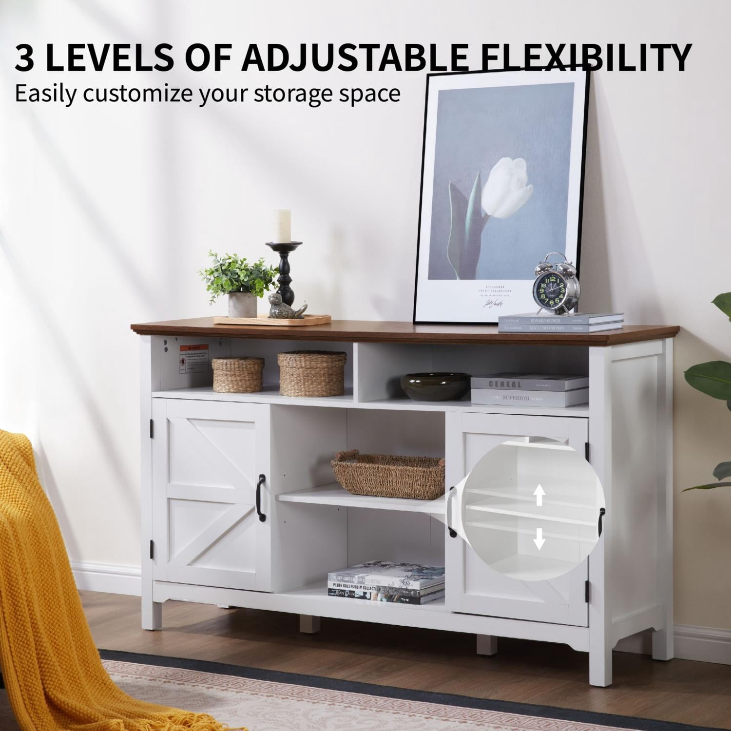 GARITIN 58-Inch Farmhouse Sideboard Buffet Cabinet with Hinged Barn Doors, Large Kitchen Storage Cabinet with Adjustable Shelves and Open Cubes for Dining Room Living Room Entryway, Antique White