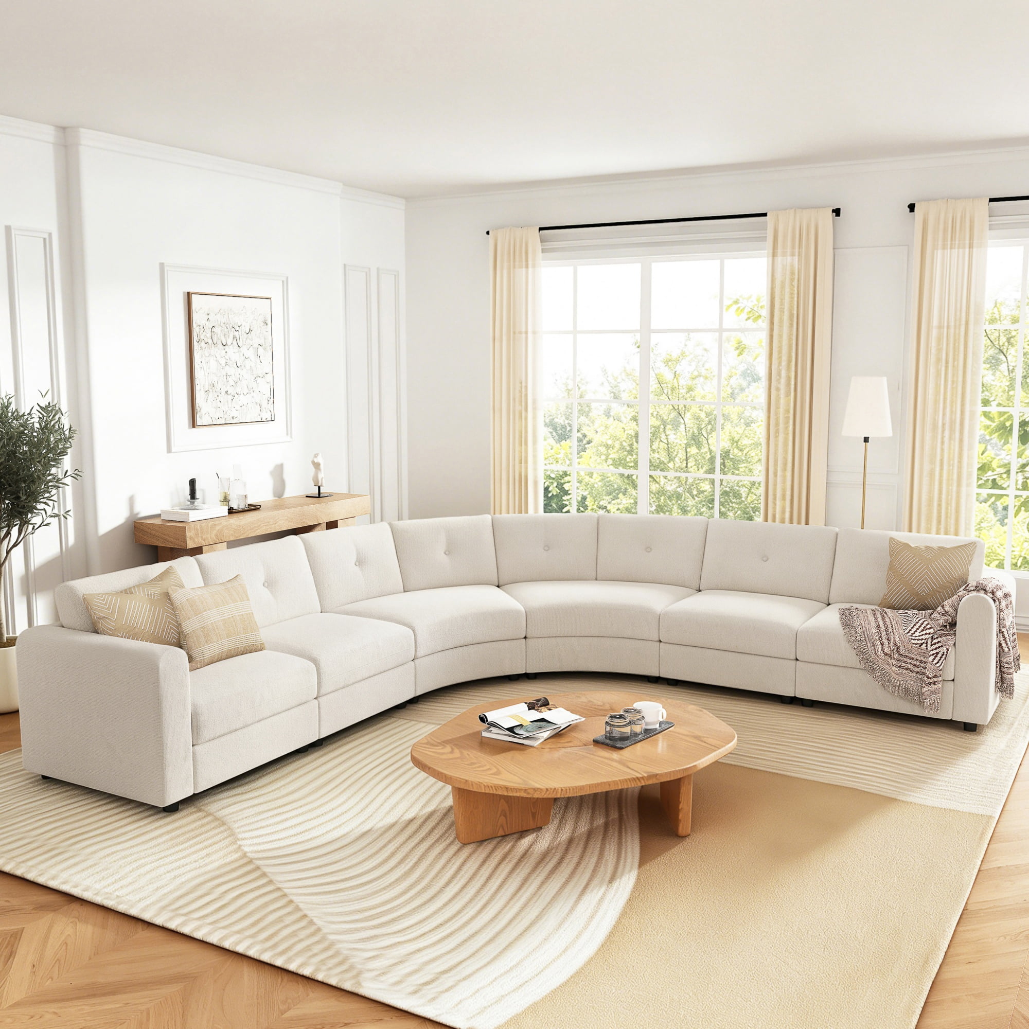 GARITIN 6 Piece Modular Curved Sectional Sofa 136.5 Inch, Upholstered Boucle Couch with Button Tufted Back for Living Room, Beige