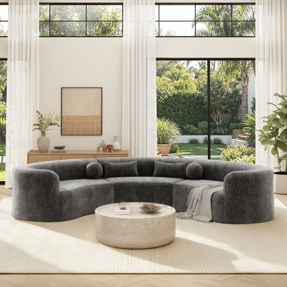GARITIN 6 Seat Modular Curved Sectional Sofa 153 Inch, Frameless Chenille Arc Couch with 4 Pillows for Living Room, Gray