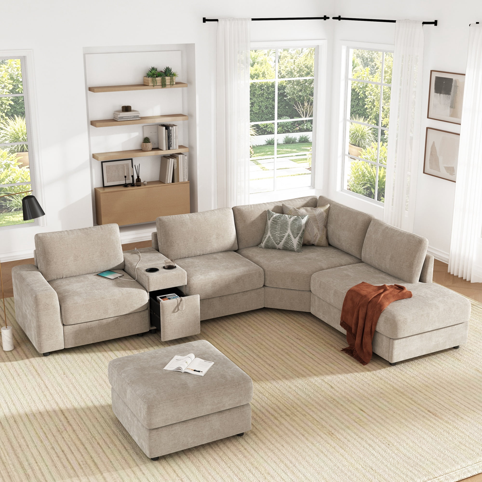 GARITIN 6 Seat U Shaped Modular Sectional Sofa 118 Inch, Oversized Chenille Couch with Ottoman and Storage Console with USB Charging, Beige