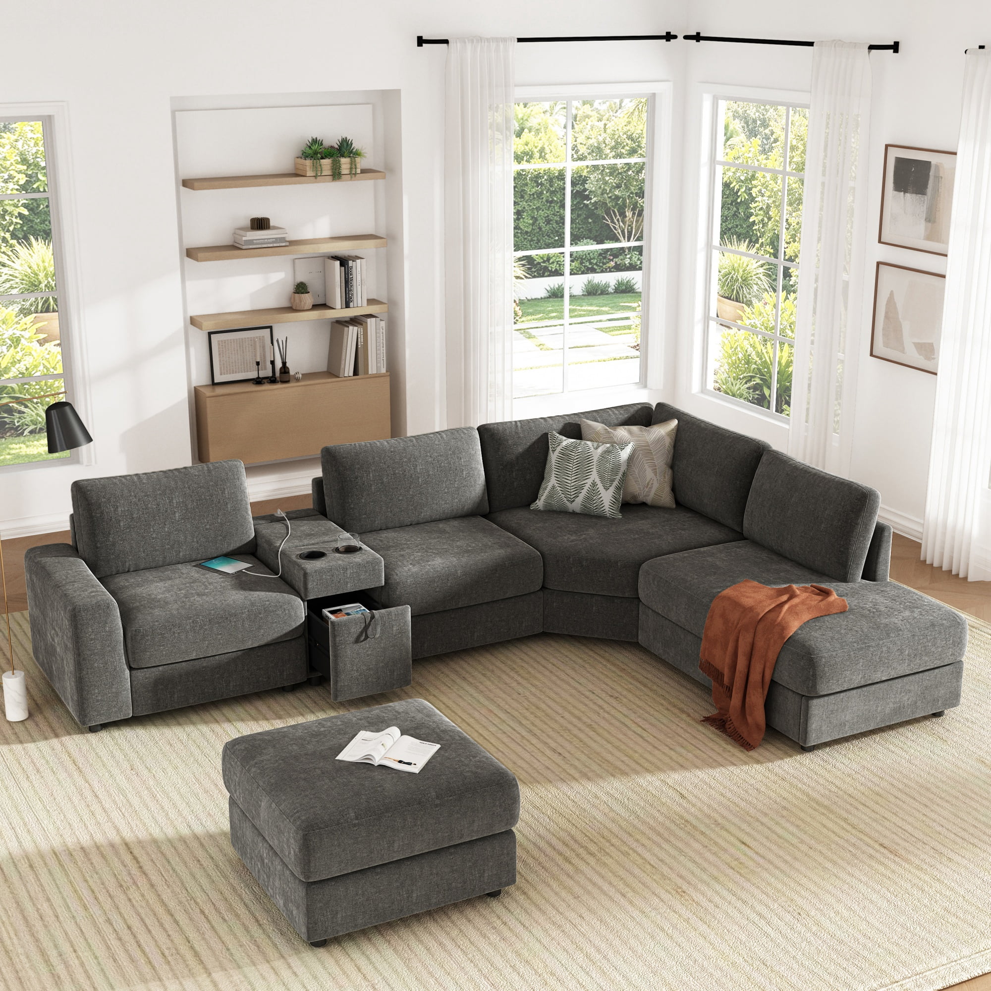 GARITIN 6 Seat U Shaped Modular Sectional Sofa 118 Inch, Oversized Chenille Couch with Ottoman and Storage Console with USB Charging, Gray