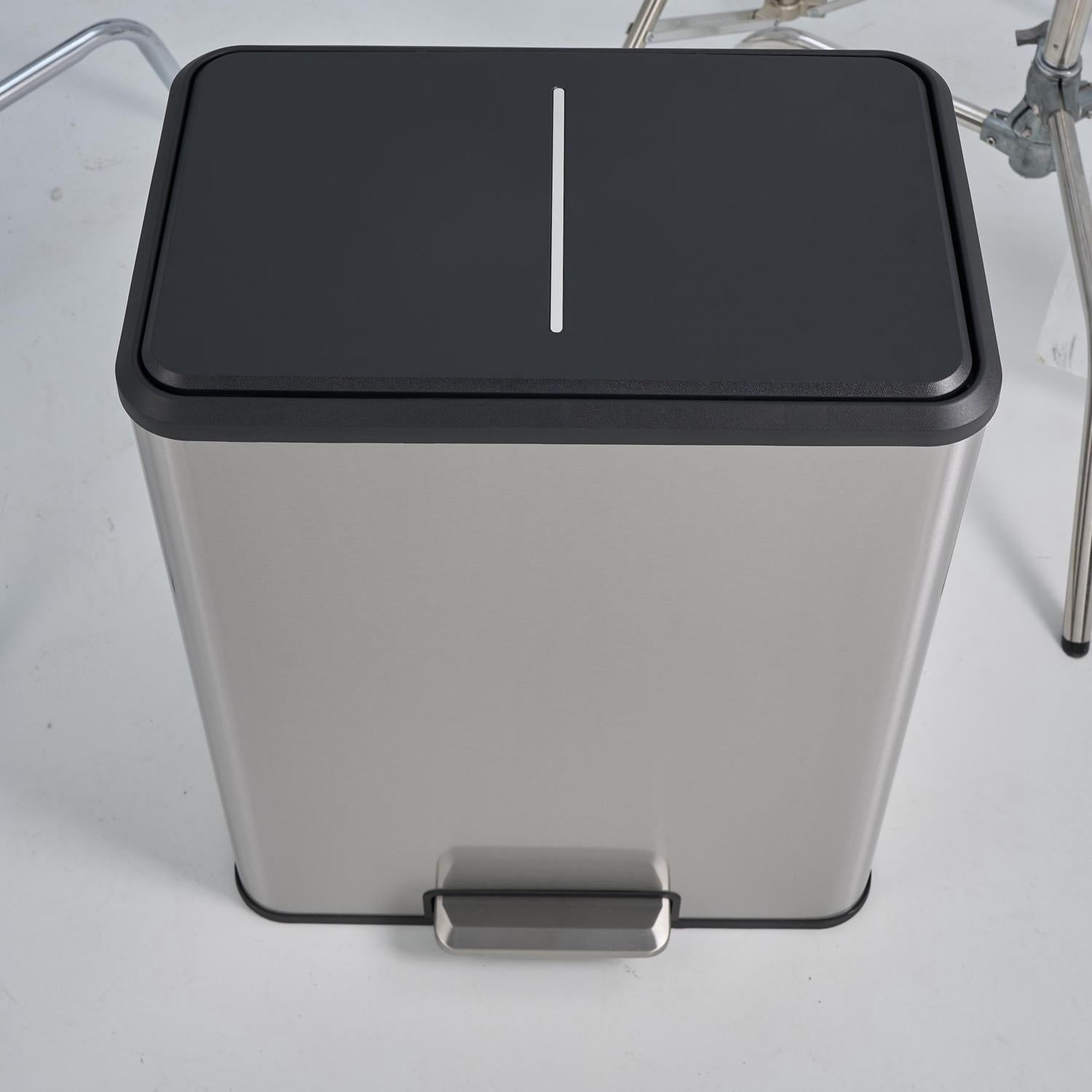 GARITIN 60L 16 Gallon Dual Compartment Step Trash Can with Foot Pedal, 410 Stainless Steel Garbage Can, Removable Inner Buckets and Side Handles for Waste Sorting Recycling, Silver