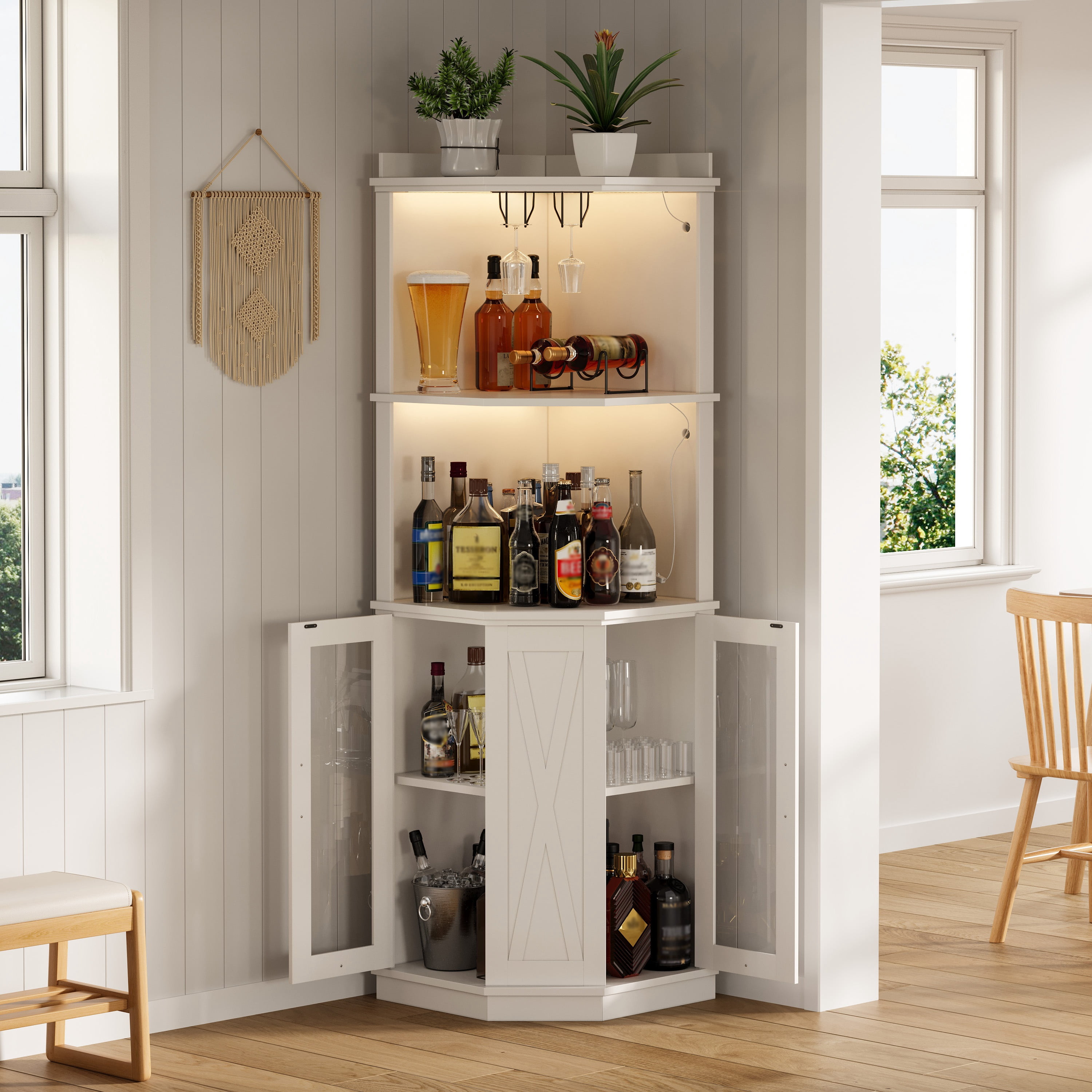 GARITIN 67.3 Inch Corner Bar Cabinet with Power Outlet, Farmhouse Wine Bar Cabinet with Adjustable Shelves, Lights & Glass Rack for Dining Room Living Room, White