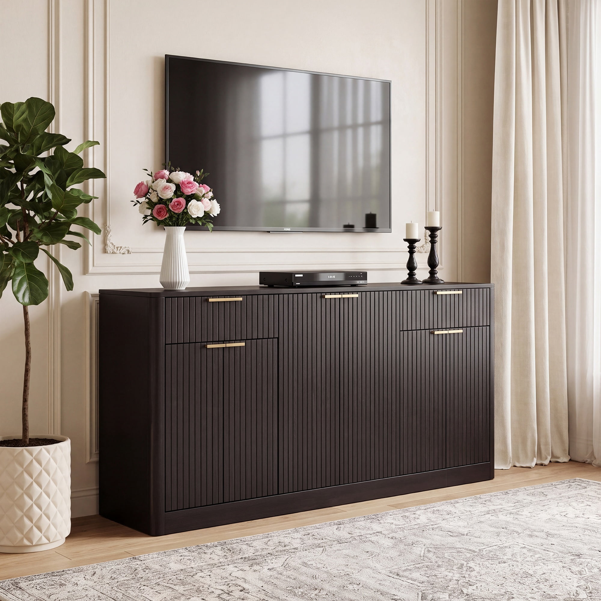 GARITIN 67 Inch Fluted Buffet Sideboard, Modern Wine Bar Storage Cabinet with 6 Doors & 2 Drawers, Coffee Bar Credenza for Dining Room Living Room Entryway, Black